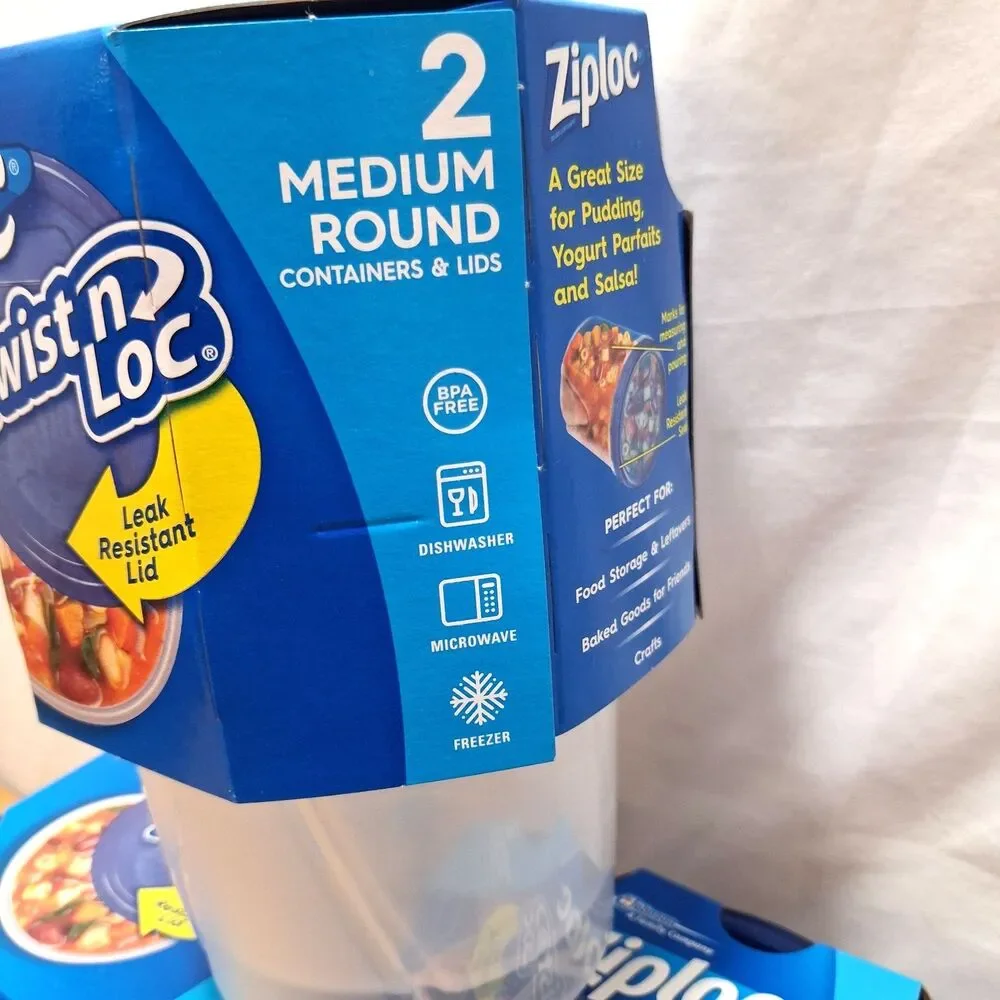 Lot of 3 NEW Ziploc Twist n Loc 2 Medium Round w/Lids 1 Quart Leak Resistant Lid
